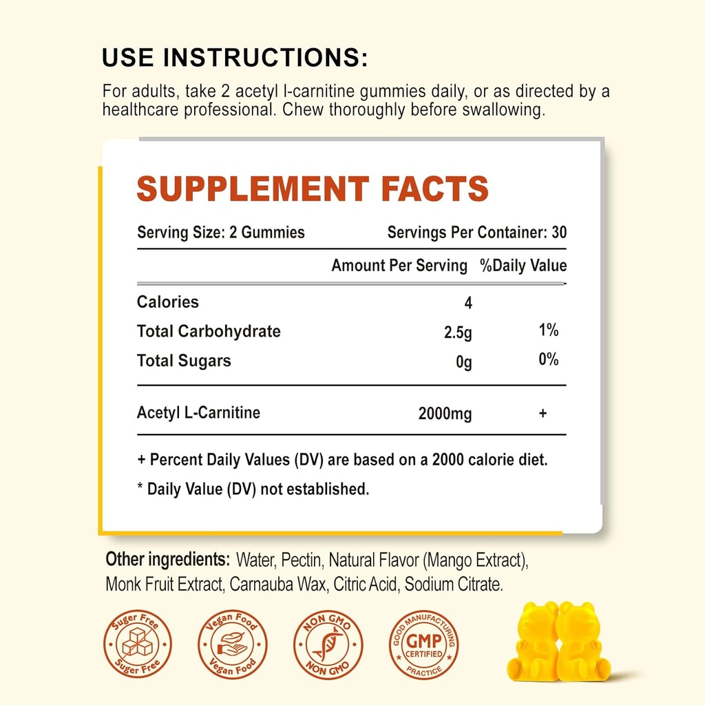 Acetyl L-Carnitine Gummies, L-Carnitine Supplement for Women & Men, Nutrition Supplement for Boost Energy, Immunity & Brain Health, Vegan, Non-GMO, Mango Flavor, 60 Count 3