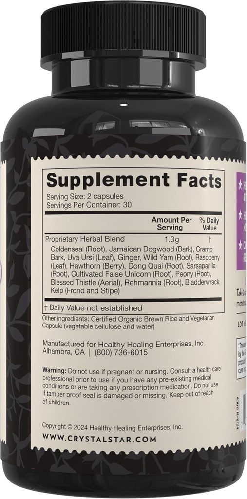 Crystal Star Women's Best Friend (60 Capsules) - Herbal Menstrual Relief Supplement for Help with Cramps & Bloating – Dong Quai, Cramp Bark, Hawthorne & Red Raspberry – Non-GMO 3