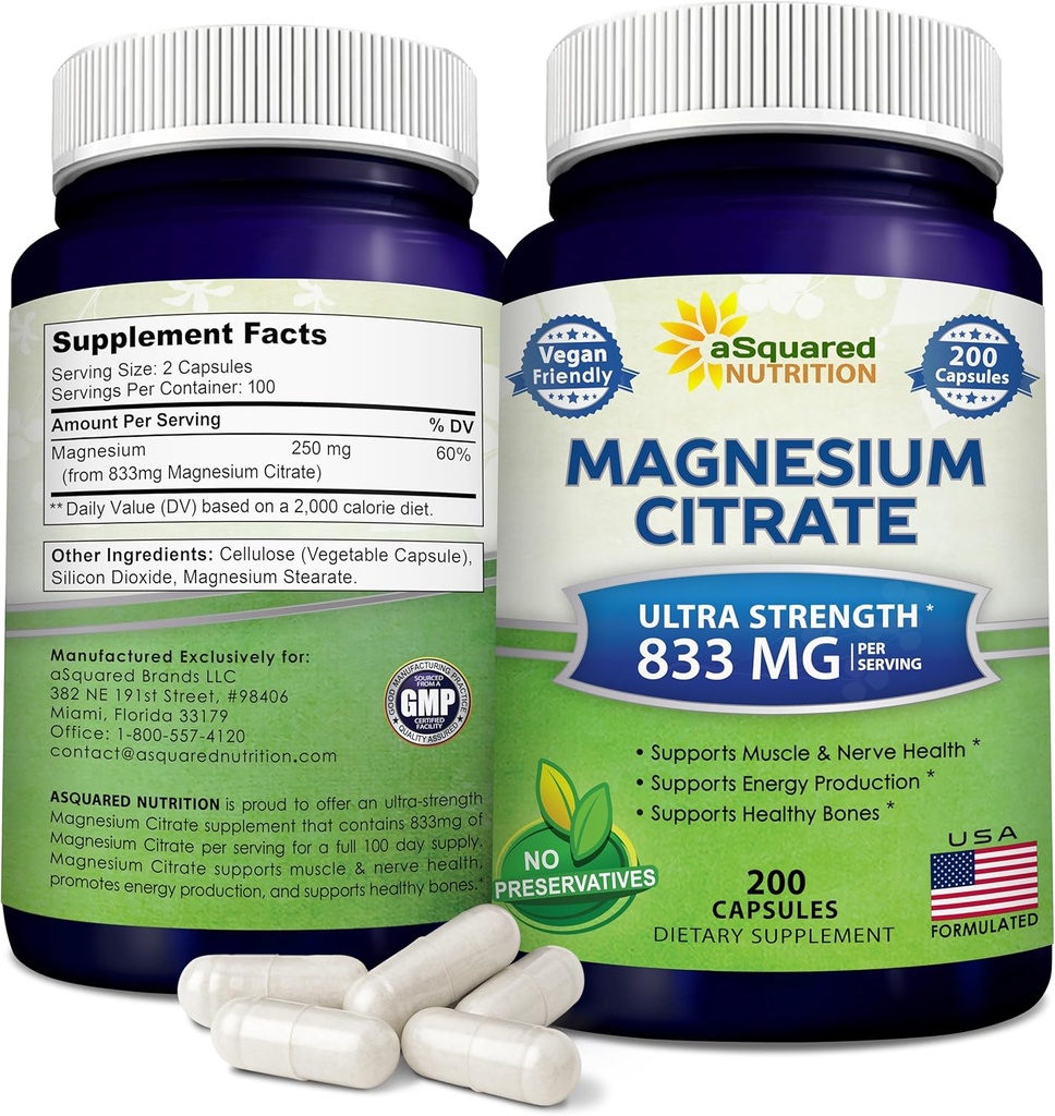 aSquared Nutrition Magnesium Citrate 833mg Supplement - 200 Capsules - Max Strength Vegan Mag Citrate Powder Pills to Support Pure Function of Muscles, Heart & Bones - Helps Increase Energy 2