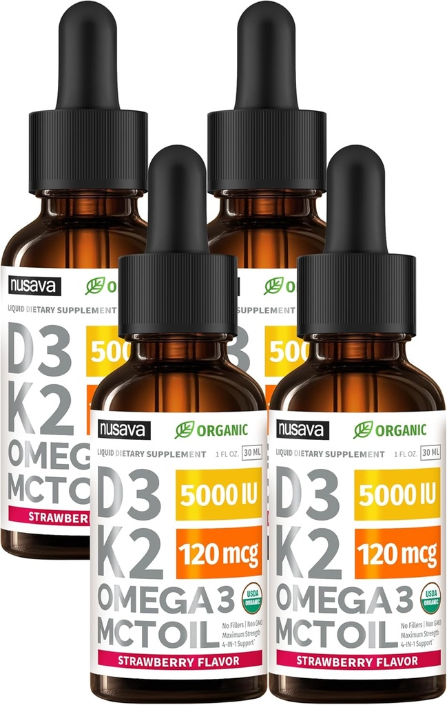 (4 Pack) Organic Vitamin D3 K2 Drops with MCT Oil Omega 3, 5000 IU - Maximum Strength Vitamin D Liquid, No Fillers, Non-GMO Liquid D3 for Faster Absorption and Immune Support (Strawberry, 4 Fl Oz) 2