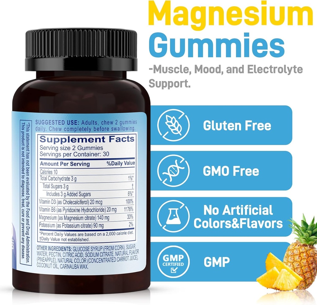 Potassium Magnesium Gummies, Magnesium Citrate & Potassium Citrate Supplements with Vitamin D3, B6 for Electrolyte Balance, Muscle, Leg Cramps, GMO Free Gluten Free (Pineapple,60 Count) 3