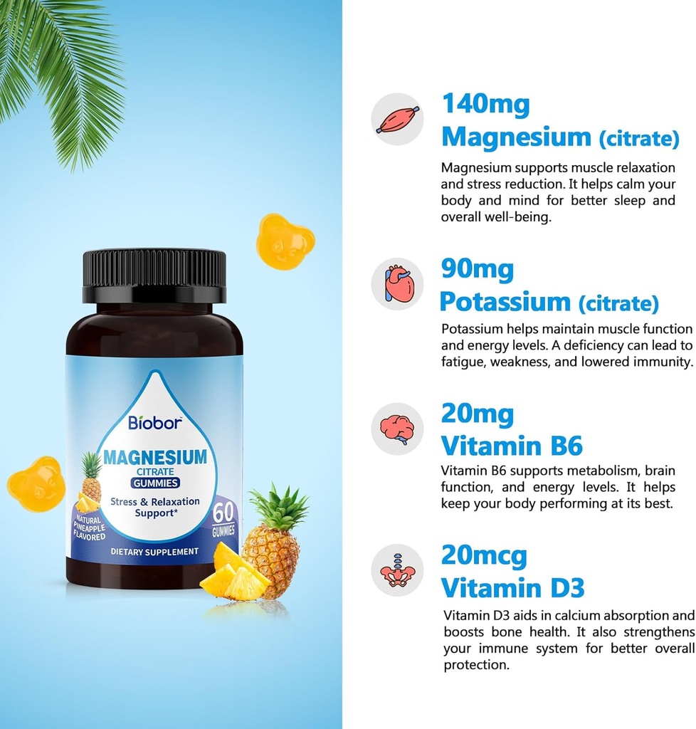 Potassium Magnesium Gummies, Magnesium Citrate & Potassium Citrate Supplements with Vitamin D3, B6 for Electrolyte Balance, Muscle, Leg Cramps, GMO Free Gluten Free (Pineapple,60 Count) 5