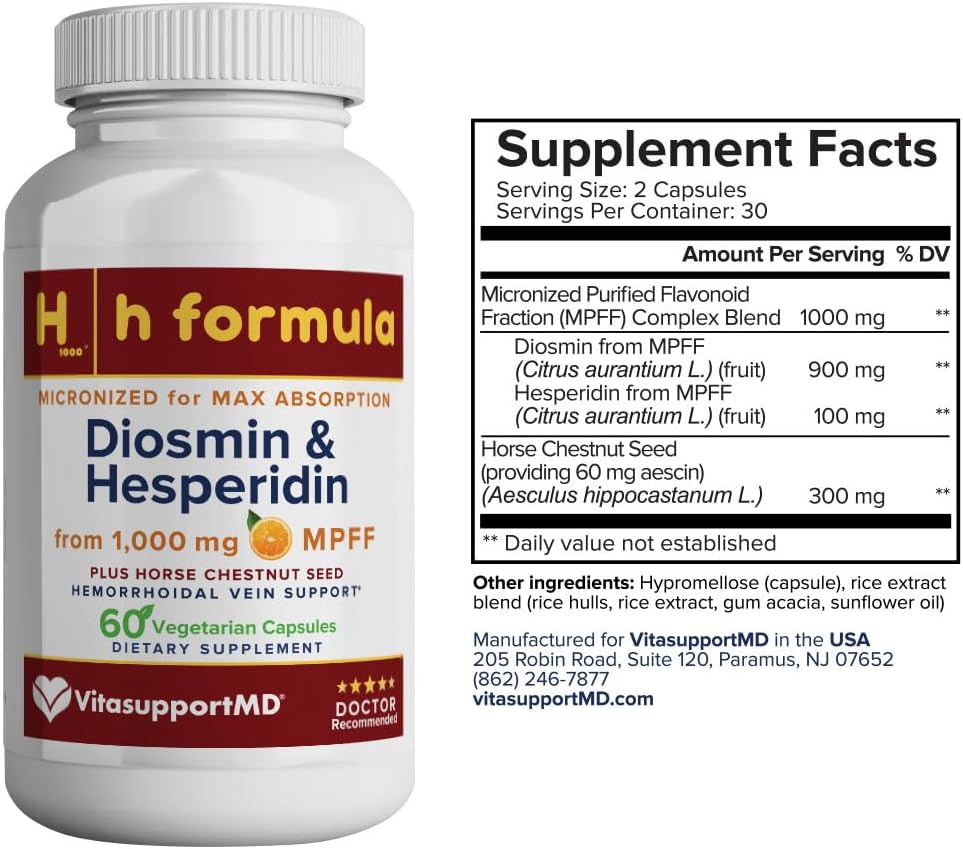VitasupportMD - Vein & H Formula Bundle - Support for Leg Veins & Hemorrhoidal Veins - 2x60 Capsules - Diosmin & Hesperidin from 1000 mg MPFF, Horse Chestnut Seed Extract, Circulation Support, Non-GMO 5