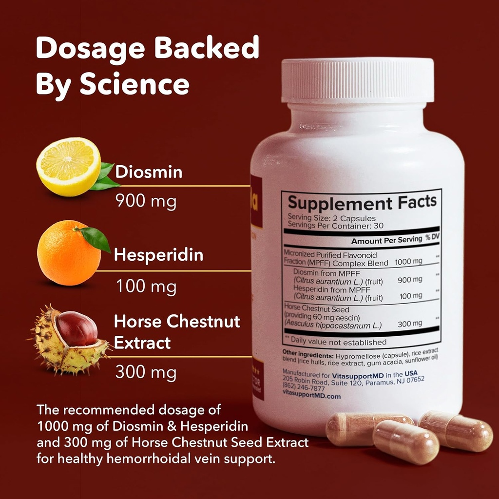 VitasupportMD - Vein & H Formula Bundle - Support for Leg Veins & Hemorrhoidal Veins - 2x60 Capsules - Diosmin & Hesperidin from 1000 mg MPFF, Horse Chestnut Seed Extract, Circulation Support, Non-GMO 6