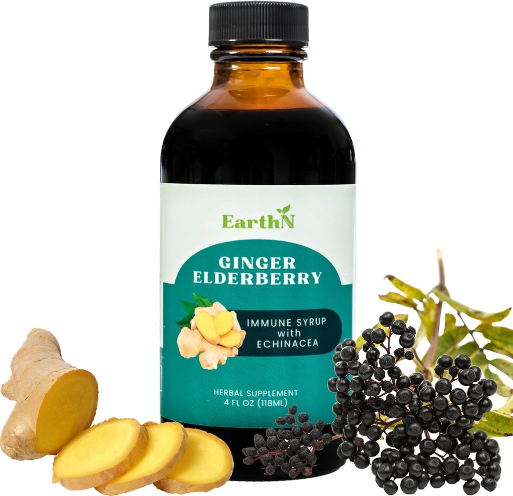 Ginger Elderberry Immune Defense Syrup with Echinacea, Vitamin C, Honey - Organic Super Premium Liquid - 100% Pure Ingredients - Natural Immunity Support Supplement (4 fl oz) 2