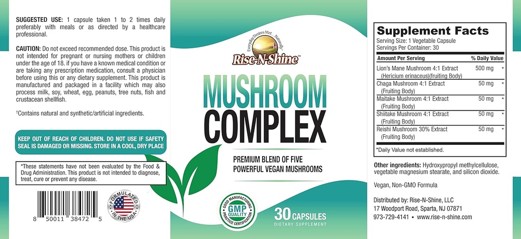 Rise-N-Shine Mushroom Complex Supplement for Clarity & Focus - Immune Support w/Lion’s Mane, Reishi, Mushroom, Chaga, Maitake & Shiitake Mushroom - 30 Day Supply - 30 Capsules 4