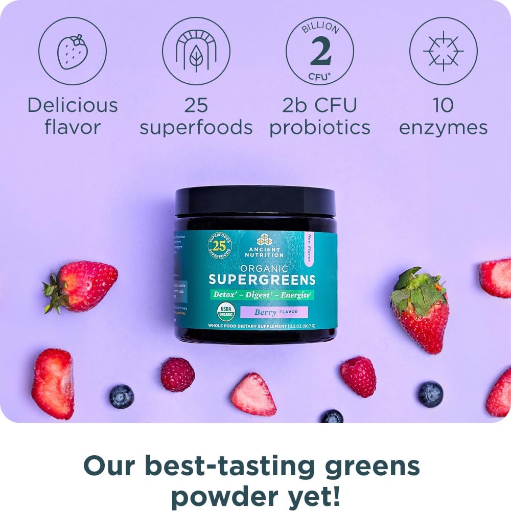 Ancient Nutrition SuperGreens Powder with Probiotics, Organic Berry Flavor Greens, Made from Real Fruits, Vegetables and Herbs, Digestive and Energy Support, 12 Servings, 3.2oz 4