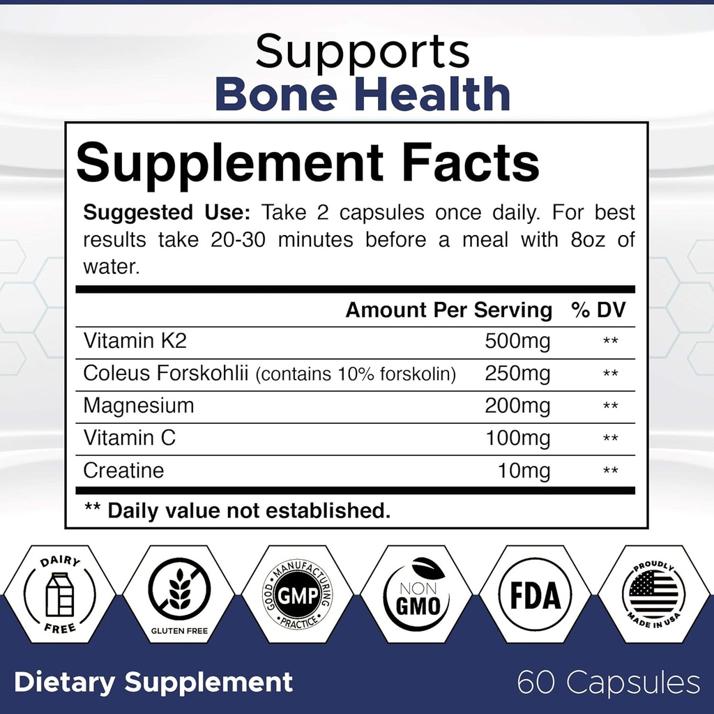 Labs Natural Bone Strength Supplements for Adults, 60 Capsules - Nutritious Blend of Coleus Forskohlii, Creatine, Magnesium, Vitamin K2 & C for Better Bone Health & Growth. 3