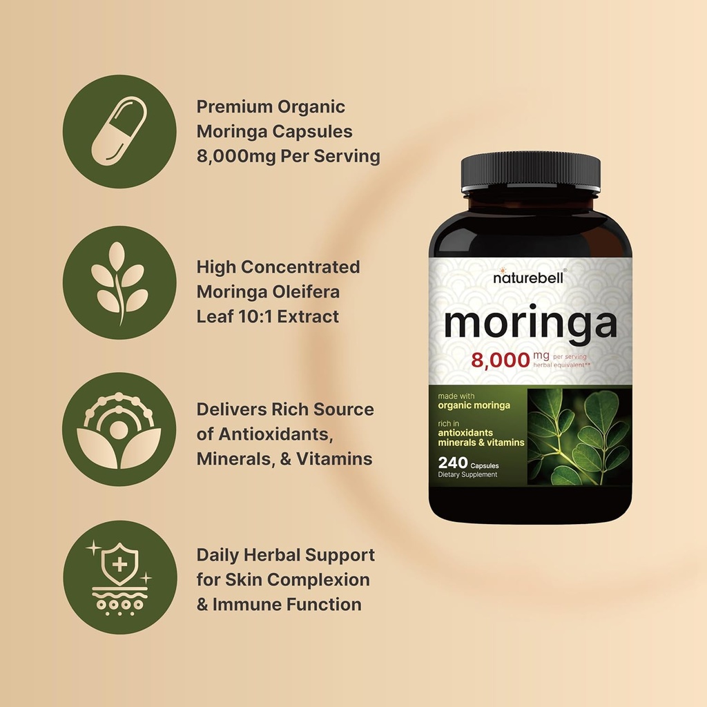 NatureBell Moringa Oleifera 8000mg Per Serving & L-Lysine 1,000mg Capsule Bundle Pack | Superfood Antioxidant | Free Form Amino Acids, L Lysine Complex 5