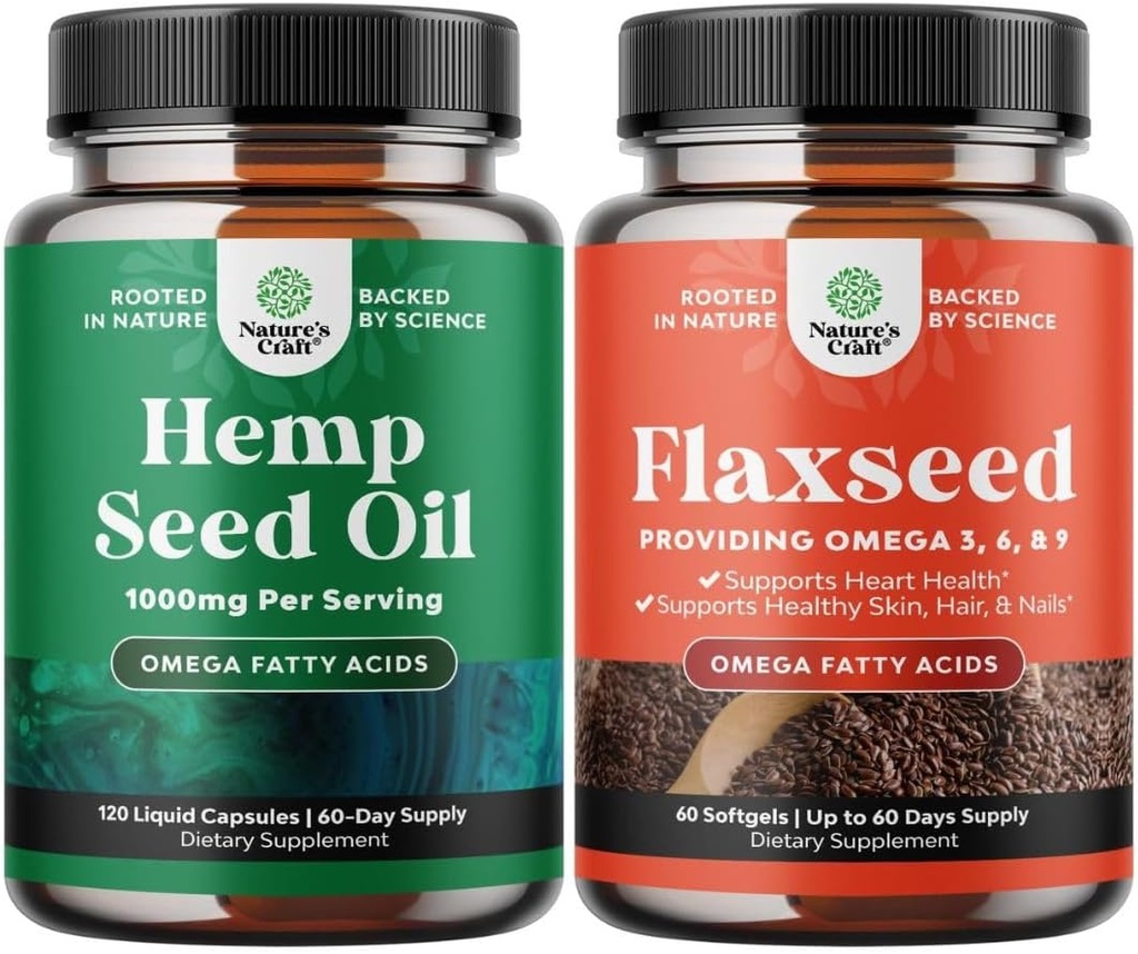 Bundle of Natural Hemp Seed Oil Capsules and Omega Flaxseed Oil 1000mg Softgels - with Essential Fatty Acids for Joint Support - Natural Omega 3 6 9 Supplement for Hair Skin and Nails 2