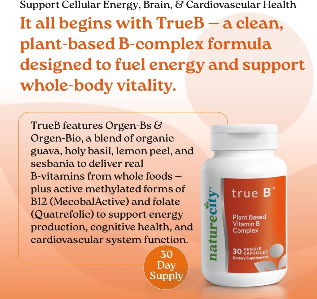 NatureCity True-B Plant-Based Super B Vitamin Complex Supplement |Made from Certified Oraganic Whole Food Plant Sources with Active Folate and Vitamin B12 - (30 Veggie Capsules) 3