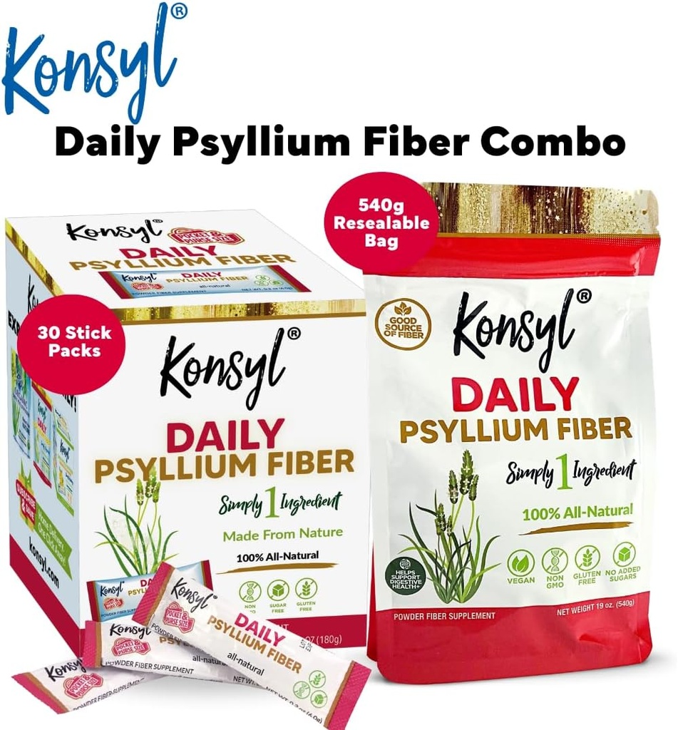 Konsyl Daily Psyllium Fiber Combo -100% All Natural Psyllium Fiber Stick Packs and 540g Bag- All-Natural Soluble Fiber, Supports Digestive Health, Helps Provide Relief from Occasional Cons 2