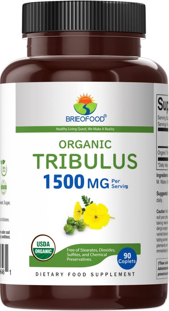 Brieofood Organic Tribulus 1500mg, 45 Servings, Vegetarian, Gluten Free, 90 Vegetarian Tablets 3