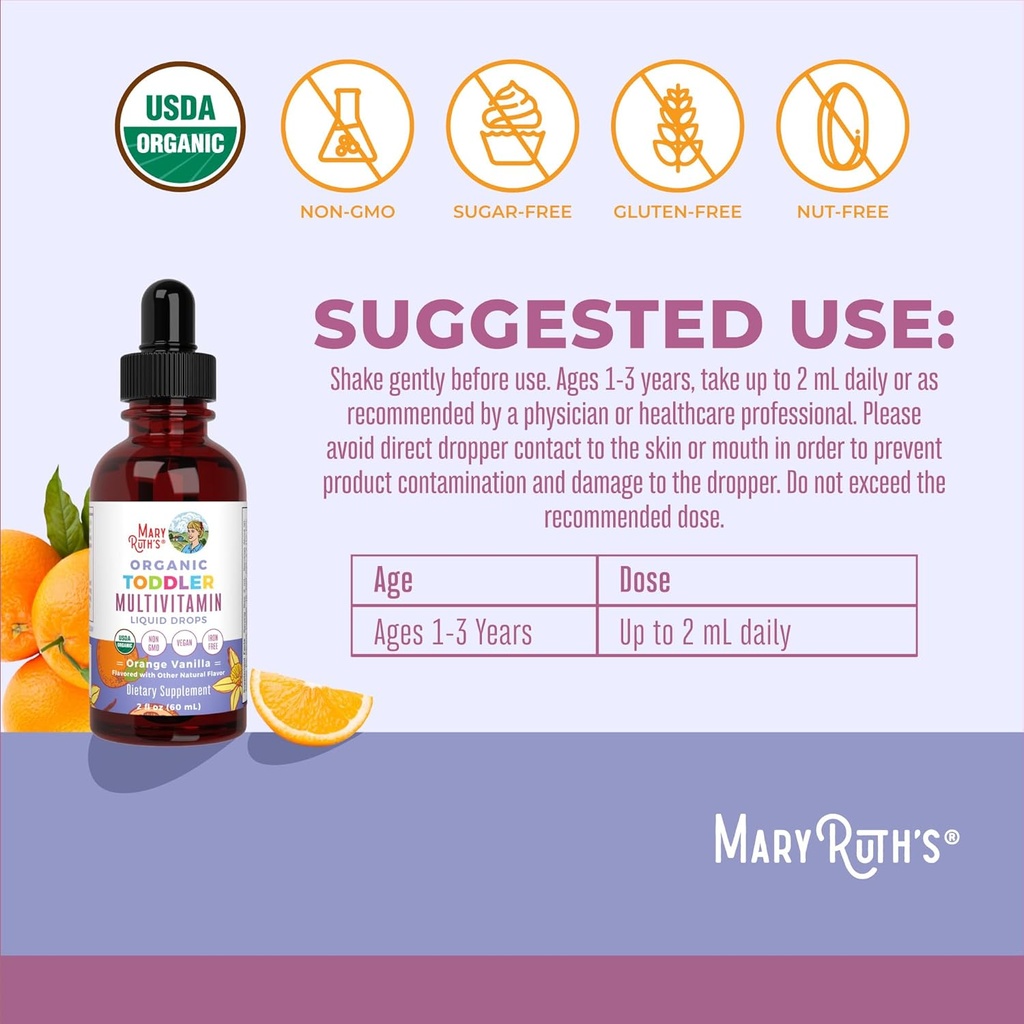 MaryRuth Organics Kids Multivitamin for Toddlers | USDA Organic | Toddler Vitamins Liquid Drops for Kids Ages 1-3 | Toddler Immune Support & Overall Wellness | Vegan | Non-GMO | Gluten Free | 2 Fl Oz 4