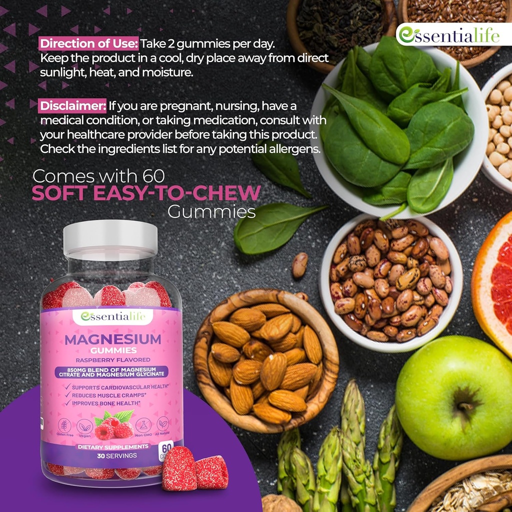 Magnesium Gummies 2 Packs Essentialife 100mg Per Serving - Blend of Magnesium Citrate & Magnesium Glycinate - Supports Healthy Digestion - Stay Calm & Energetic with Magnesium Supplements for Sleep 6
