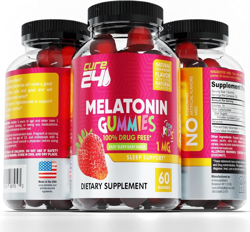 Kids Melatonin Gummy, Effective 1MG Sleep Gummies Supplement for Children 3+, Drug-Free, Natural Fruity Strawberry Flavor, Made in USA 3