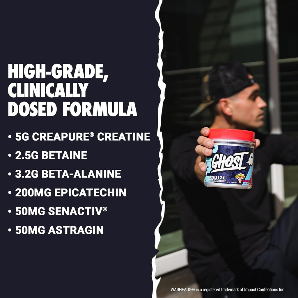 GHOST Size Muscle Builder Dietary Supplement - Warheads Sour Watermelon, 30 Servings - Creatine Muscle Growth and Strength Building Supplements for Men & Women - Free of Sugar & Gluten, Vegan 4