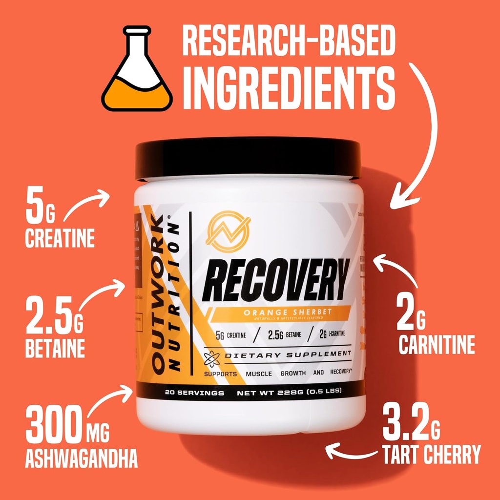 Outwork Nutrition Post Workout Recovery Powder - Creatine Monohydrate, KSM-66 Ashwagandha & Tart Cherry - Speeds Recovery, Eases Soreness - Creatine Powder for Men & Women, Orange Sherbet, 230 Gr 4