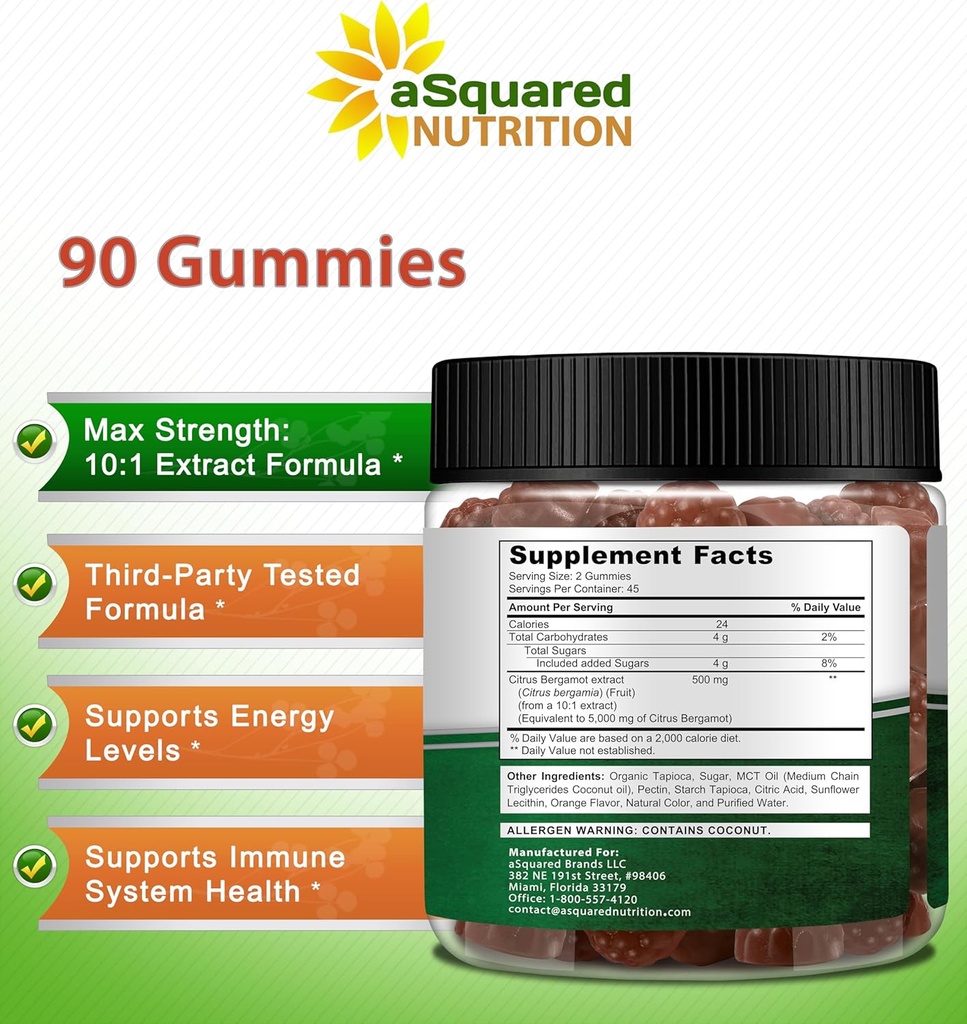 aSquared Nutrition Citrus Bergamot Gummies - Citrus Bergamot Extract Supplement 500mg Per Serving - Pure Gummy Alternative to Capsules & Pills 5