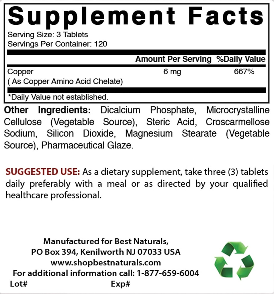 Best Naturals Copper Chelate 6 mg per Serving- 360 Tablets 3