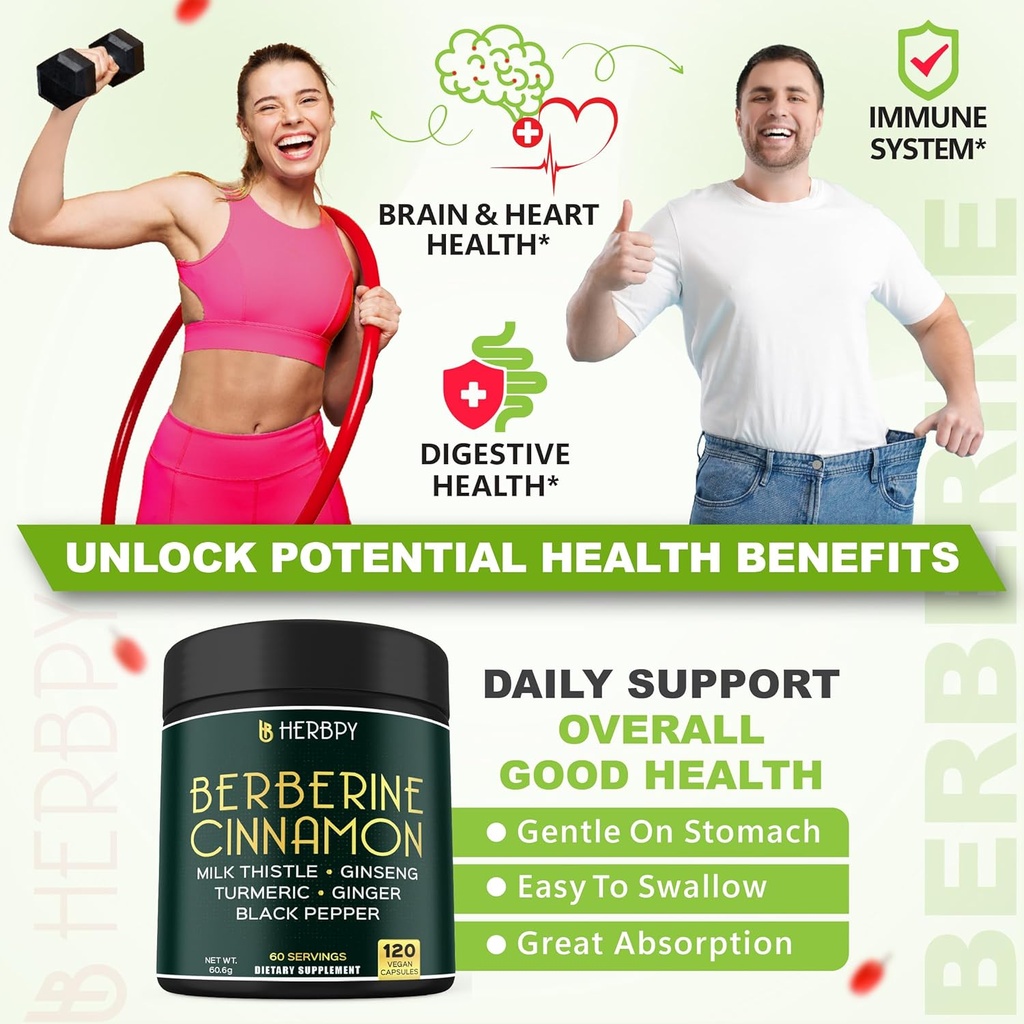 7in1 Premium Berberine and Ceylon Cinnamon for Weight Management, Digestion, Heart Health & Immune Support - with Ginseng, Turmeric, Ginger, Milk Thistle & Black Pepper - 120 Vegan Capsules 6