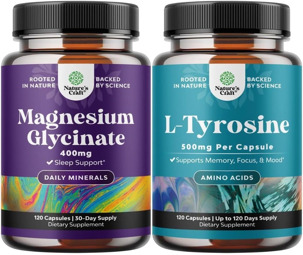 Bundle of Magnesium Glycinate 400mg Capsules and Potent L Tyrosine 500mg Capsules - for Sleep Support Bone Health Muscle Recovery - Amino Acid Nutritional Supplement for Brain Health Thyroid Support 2