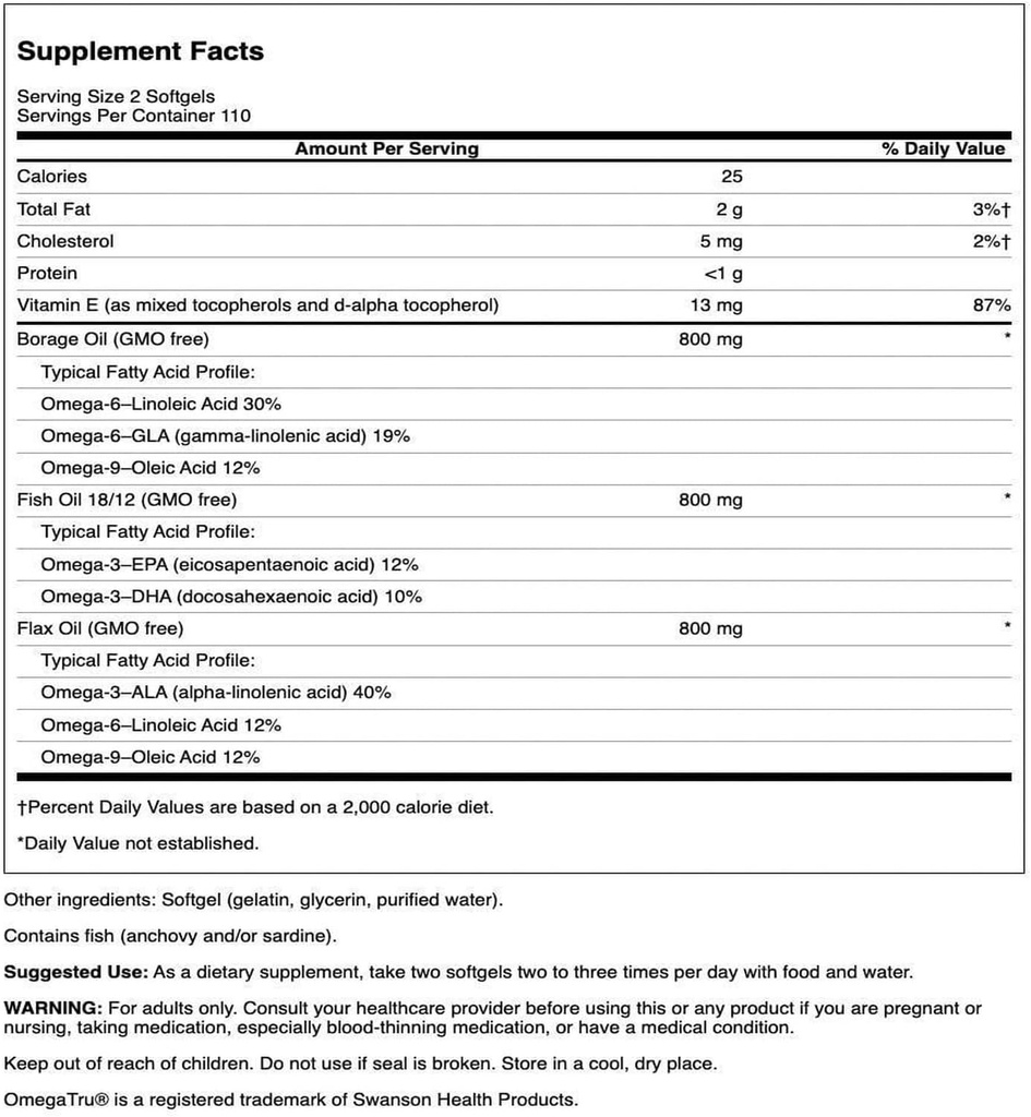 Swanson MultiOmega 3-6-9 - Non-GMO Flax, Borage & Fish Oil Capsules - Essential Fatty Acids Supporting Cardiovascular Health & Brain Health - (220 Softgels, 2400mg Serving) 3