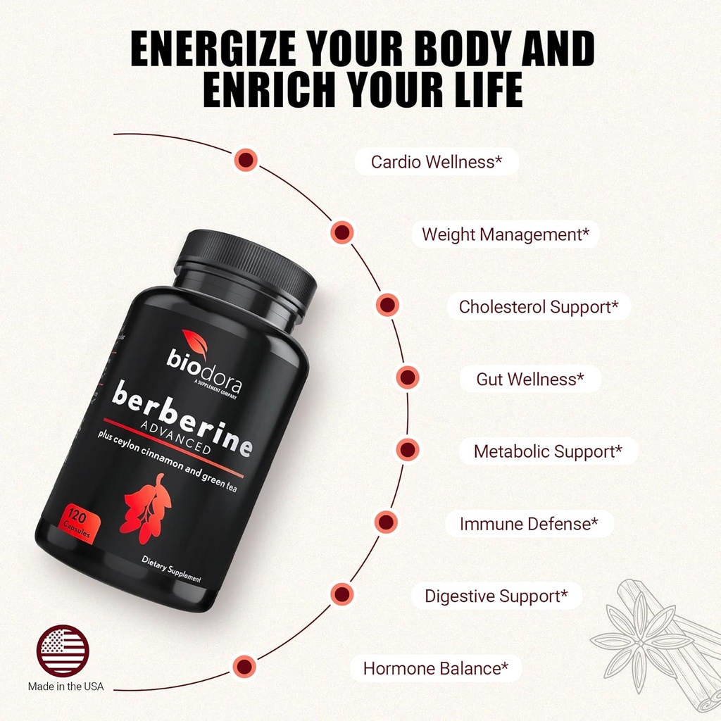 Berberine Advanced Plus with 1200mg Berberine - 100mg Ceylon Cinnamon and 100mg Green Tea Extract - 1400mg Per Dose -120 Capsules - 60 Day Supply - Supports Immune and Cardiovascular 5