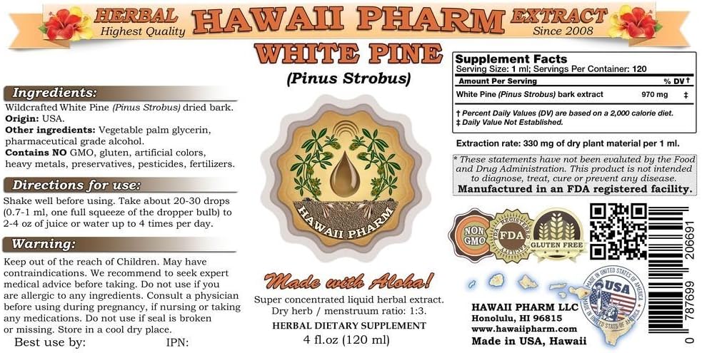 White Pine Liquid Extract, White Pine (Pinus Strobus) Bark Powder Tincture, Herbal Supplement, Hawaii Pharm, Made in USA, 2x4 fl.oz 3