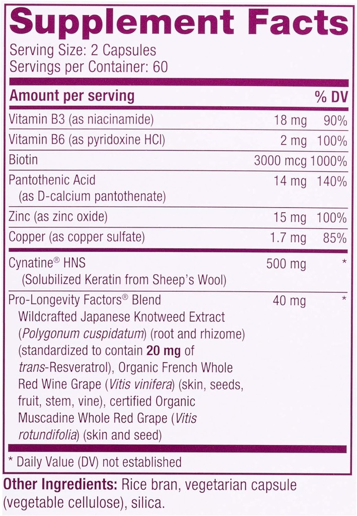 Reserveage Nutrition Keratin Hair Booster with Biotin & Resveratrol, Hair and Nail Growth Supplement, 120 Capsules (60 Servings) & Resveratrol 500 mg, Supports Healthy Aging and Immune System 3