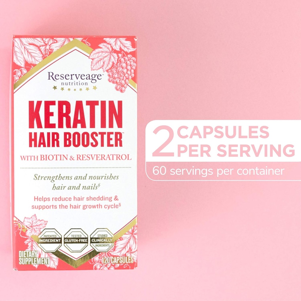 Reserveage Nutrition Keratin Hair Booster with Biotin & Resveratrol, Hair and Nail Growth Supplement, 120 Capsules (60 Servings) & Resveratrol 500 mg, Supports Healthy Aging and Immune System 6