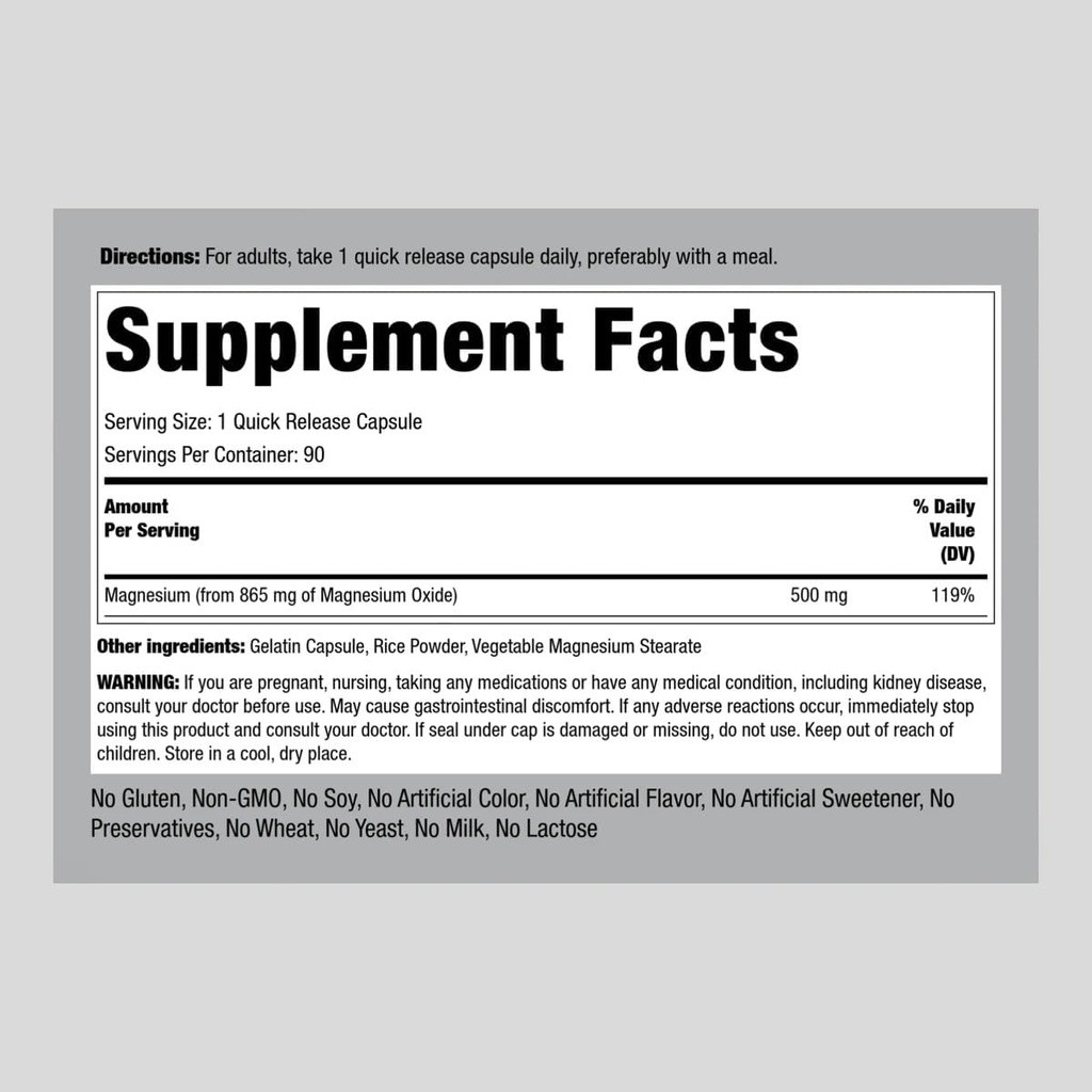 Piping Rock Magnesium Oxide 500mg Capsules | 90 Count | Non-GMO, Gluten Free Supplement 3