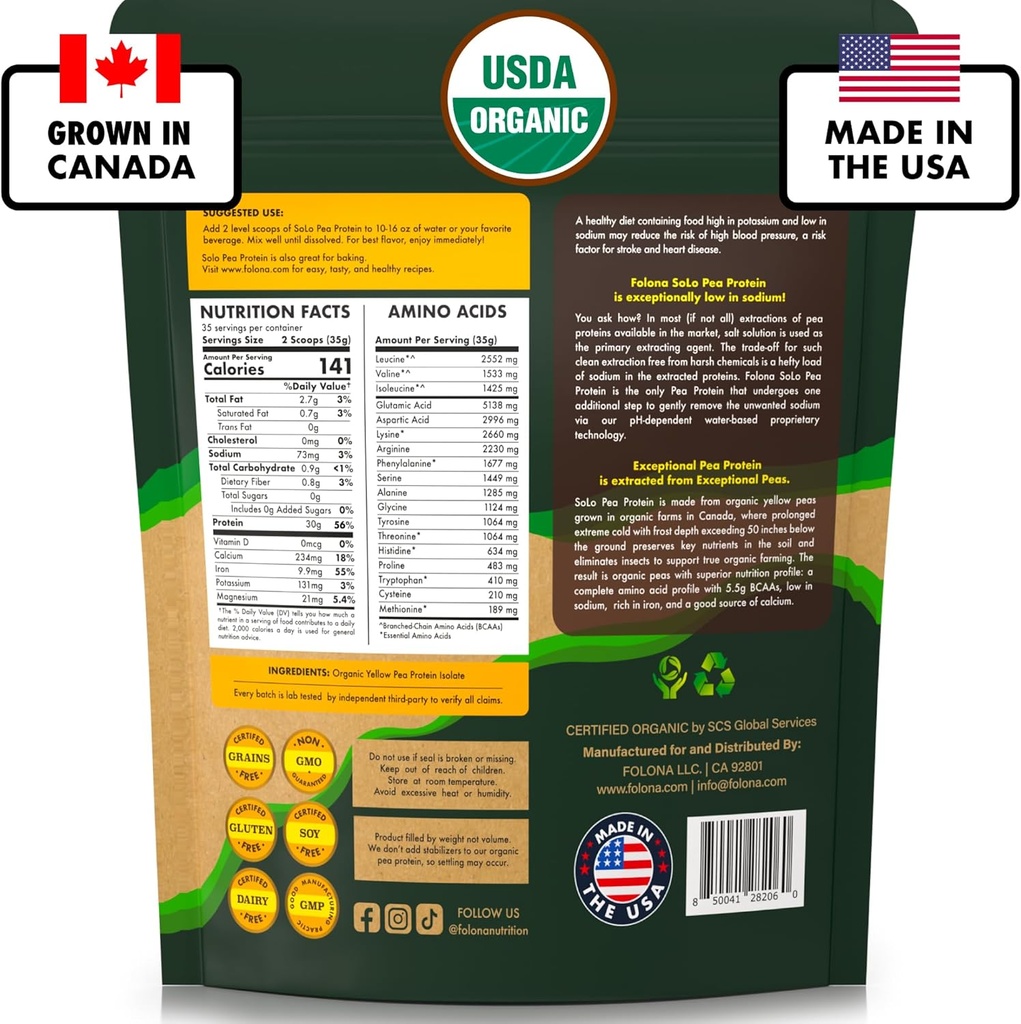 Solo Organic Pea Protein Powder, Low in Sodium, Canada Grown Peas, 100% Vegan, Non-GMO, Unflavored Plant Based Protein Powder with BCAA (2.7 lbs) 3
