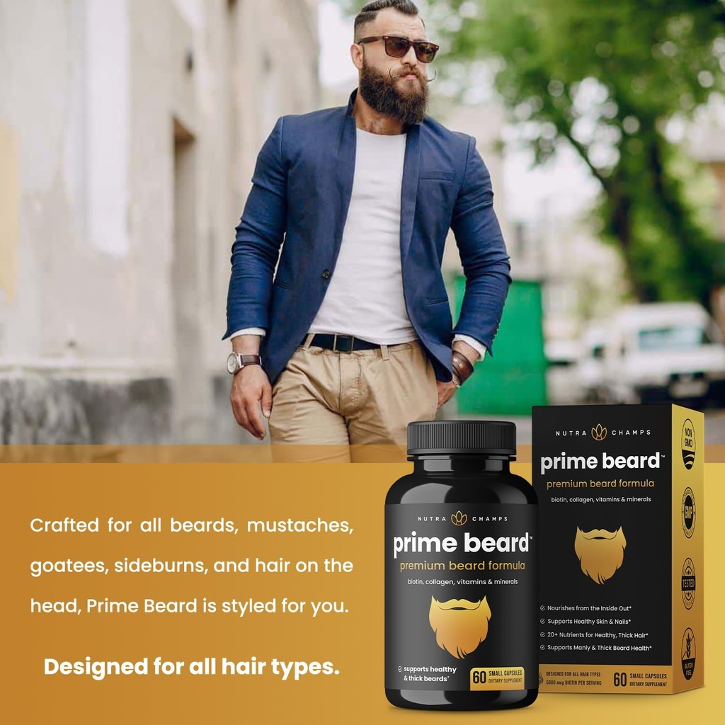 NutraChamps Prime Beard Vitamins | Manly, Thick, Fast & Healthy Facial Hair for Men | Beard Vitamins with Biotin, Collagen & Saw Palmetto | Beard Pills for All Hair & Beard Types 5