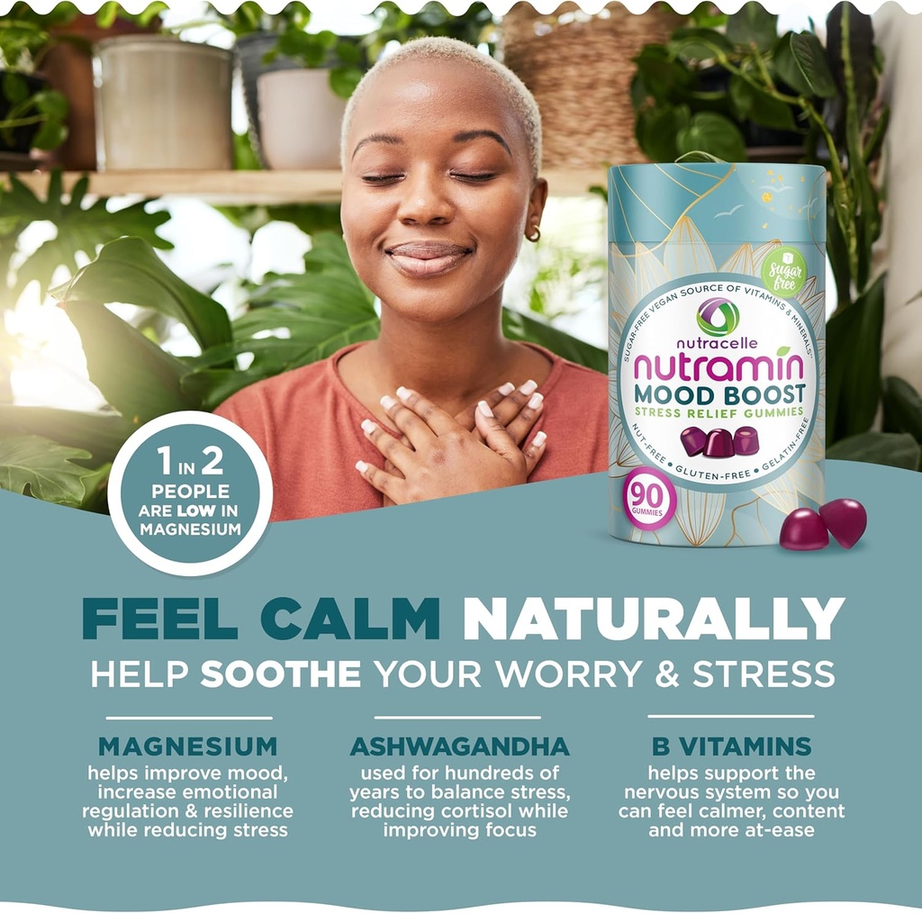 NUTRAMIN Mood Boost Multivitamin Gummy - Delicious & Yummy Anti-Stress Magnesium Ashwagandha Gummies + B Complex Vitamins for Focus and Calm - Sugar-Free, Vegan, Gluten-Free, Allergy-Safe (90 Count) 3
