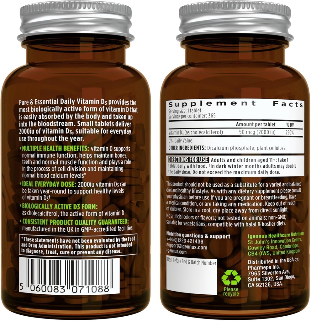 Daily Vitamin D3 + Live Cultures+ Lab4 Probiotics Bundle, 365 2000iu Vitamin D3 Tablets + 25 Billion CFU Lactobacillus Acidophilus & Bifidobacterium with Non-Bloating Prebiotic, by Igennus 6