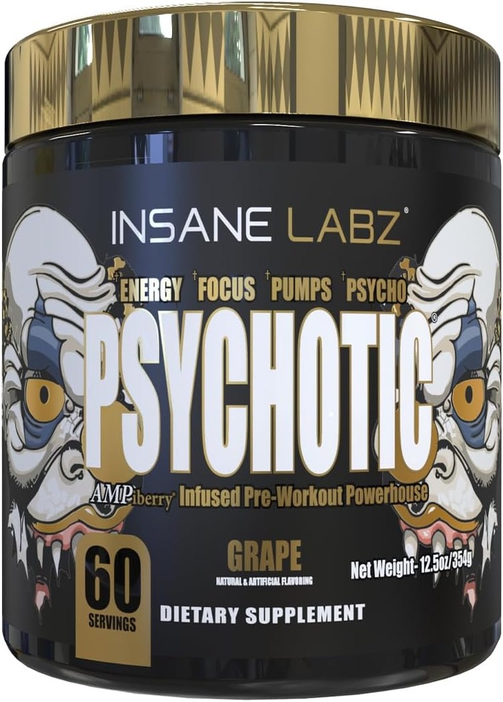 Insane Labz Psychotic Gold, High Stimulant Pre Workout Powder, Extreme Lasting Energy, Pumps and Endurance with Beta Alanine, DMAE Bitartrate, NO Booster (60 Servings, Grape) 2