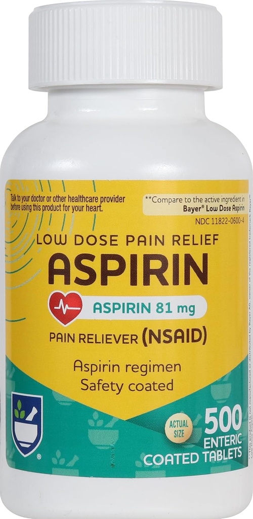 Rite Aid Aspirin Enteric Tablets - 81 mg Aspirin - 500 Count - Low-Dose for Headache Relief - Safety Coated - Aspirin Regimen - Migraine Medicine - Pain Relief 2