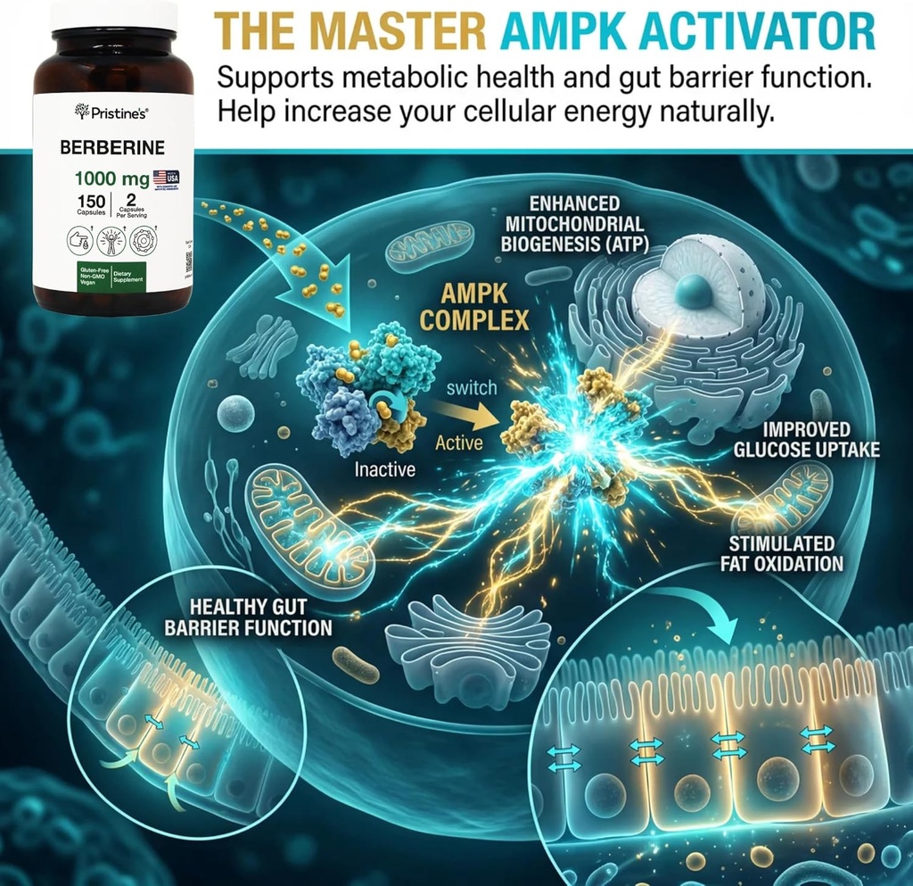 PRISTINE'S Berberine Supplement Capsules - 1000 MG 75 Day Supply 150 Capsules - Heart, & Immunity Health Support Antioxidant - Digestive Tract & Healthy Gut Flora Support 6