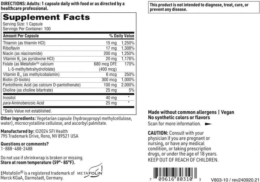 Klaire Labs SFI Health B Complex Plus - High Potency B Vitamin Complex with B12 Methylcobalamin, B6 & Metafolin Folate - Energy, GI Tract & Brain Health Support - Hypoallergenic (100 Capsules) 6