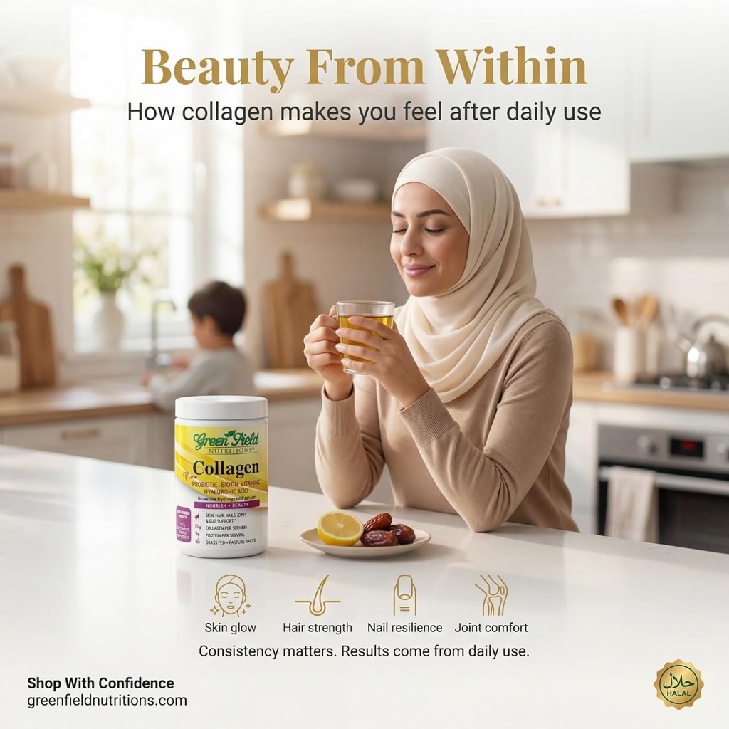 Greenfield Nutritions Halal Collagen Peptides Powder - 9g Halal Protein Probiotic, Biotin, Hyaluronic Acid & Vitamin C - 270g Halal Collagen for Women & Men - Supports Hair, Skin, Nails, Joints & Gut 2