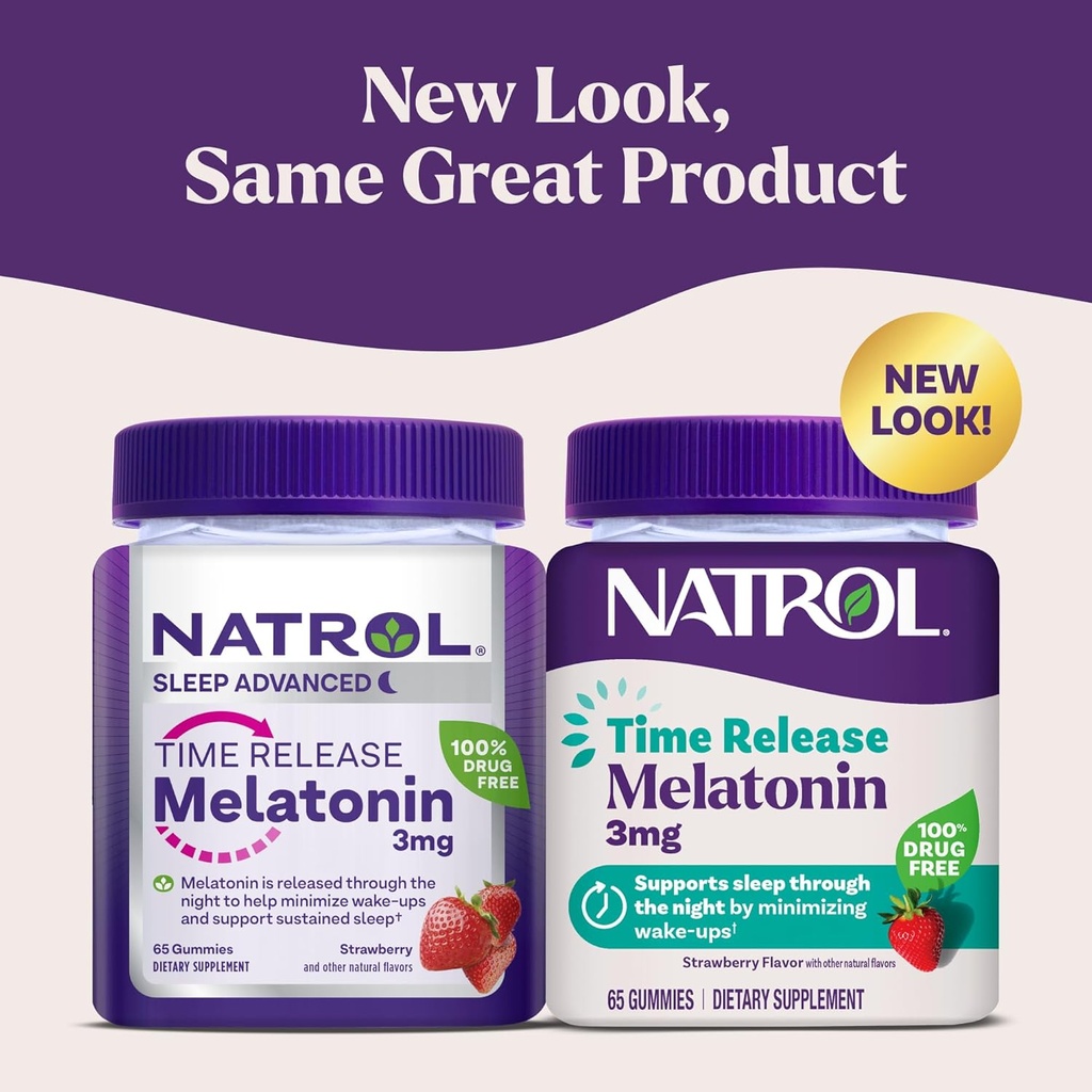 Natrol Time Release Melatonin Gummies, Sleep Support for Adults, 3 mg Melatonin Supplements for Sleep Support, 65 Strawberry-Flavored Gummies, Up to a 65 Day Supply 3