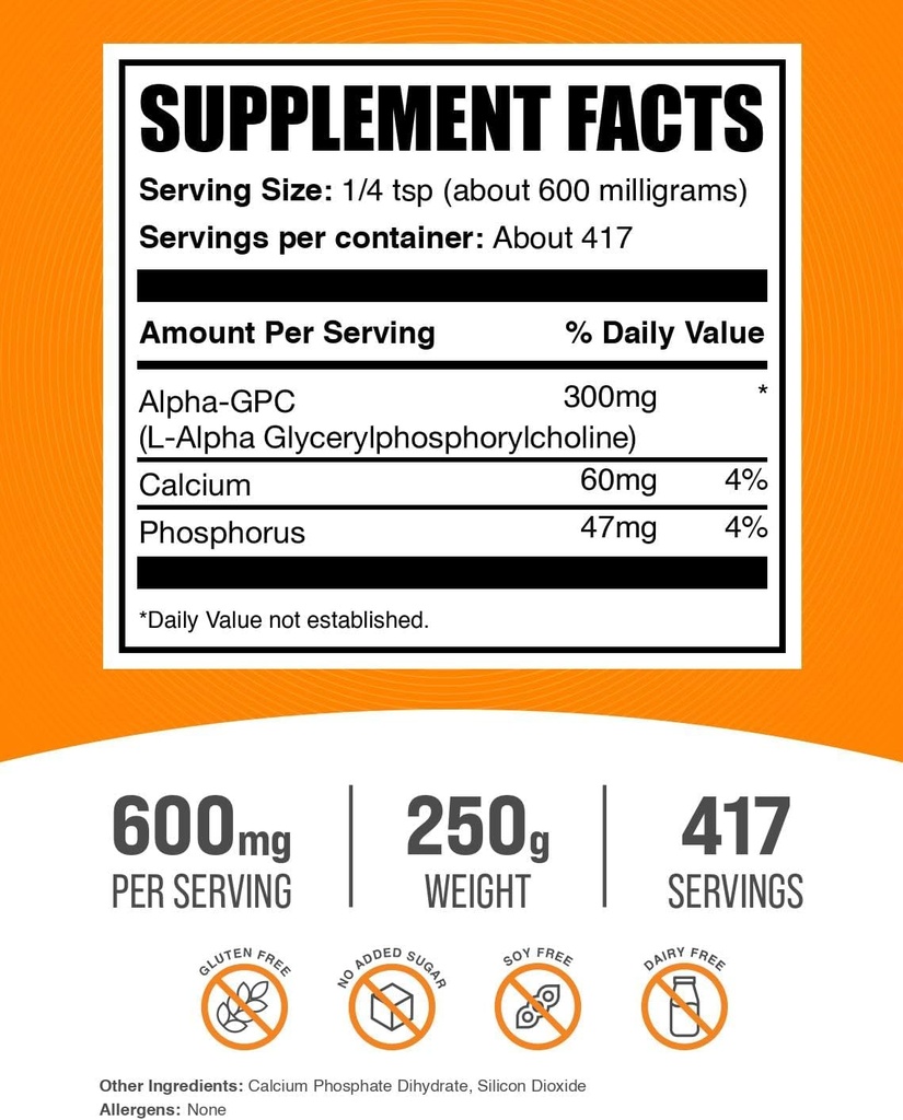 BulkSupplements.com Alpha GPC Powder - Choline Supplements, Alpha GPC 300mg - Unflavored & Gluten Free, 600mg per Serving, 250g (8.8 oz) (Pack of 1) 3