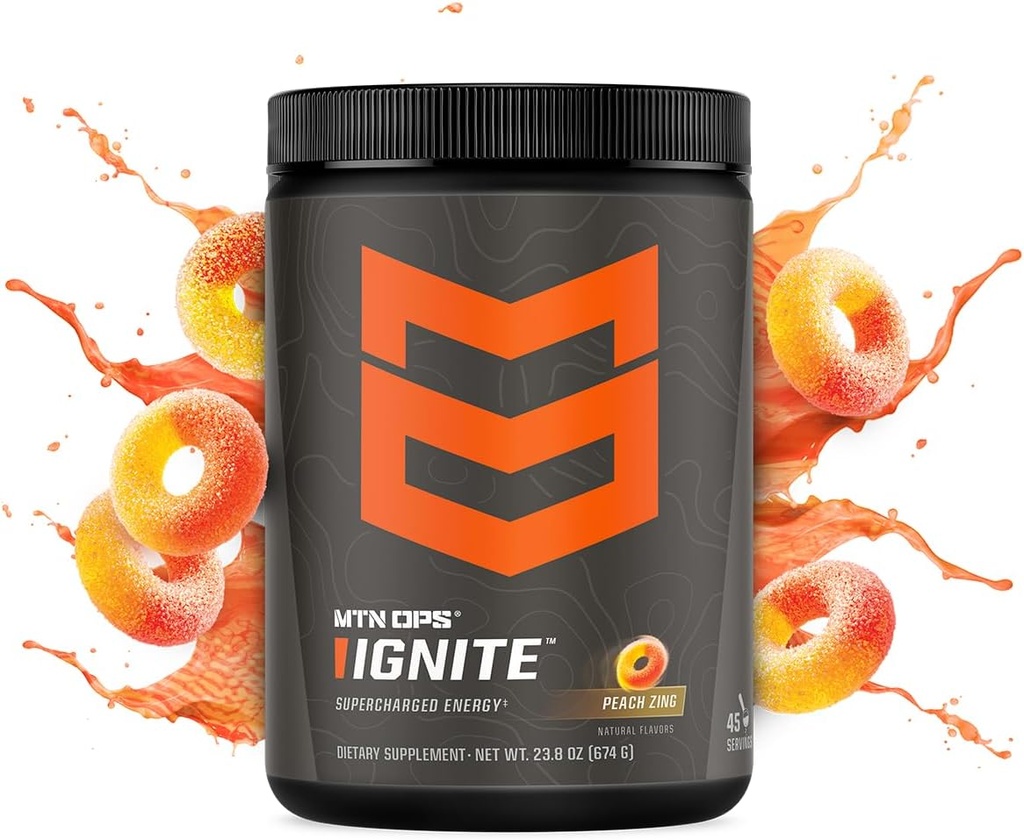 MTN OPS Ignite Energy Drink Powder, Gluten Free Nootropic Supplement Drink Mix, L Arginine, L Citrulline, Caffeine & Nootropic Sugar Free Drink Mix, 45 Servings, Peach Zing 3