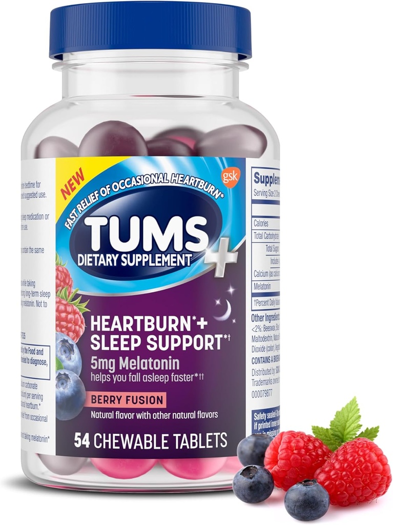 TUMS Heartburn Plus Sleep Support Chewable Dietary Supplement Tablets for Occasional Heartburn Relief Plus Sleep Support, Berry Fusion - 54 Count 2
