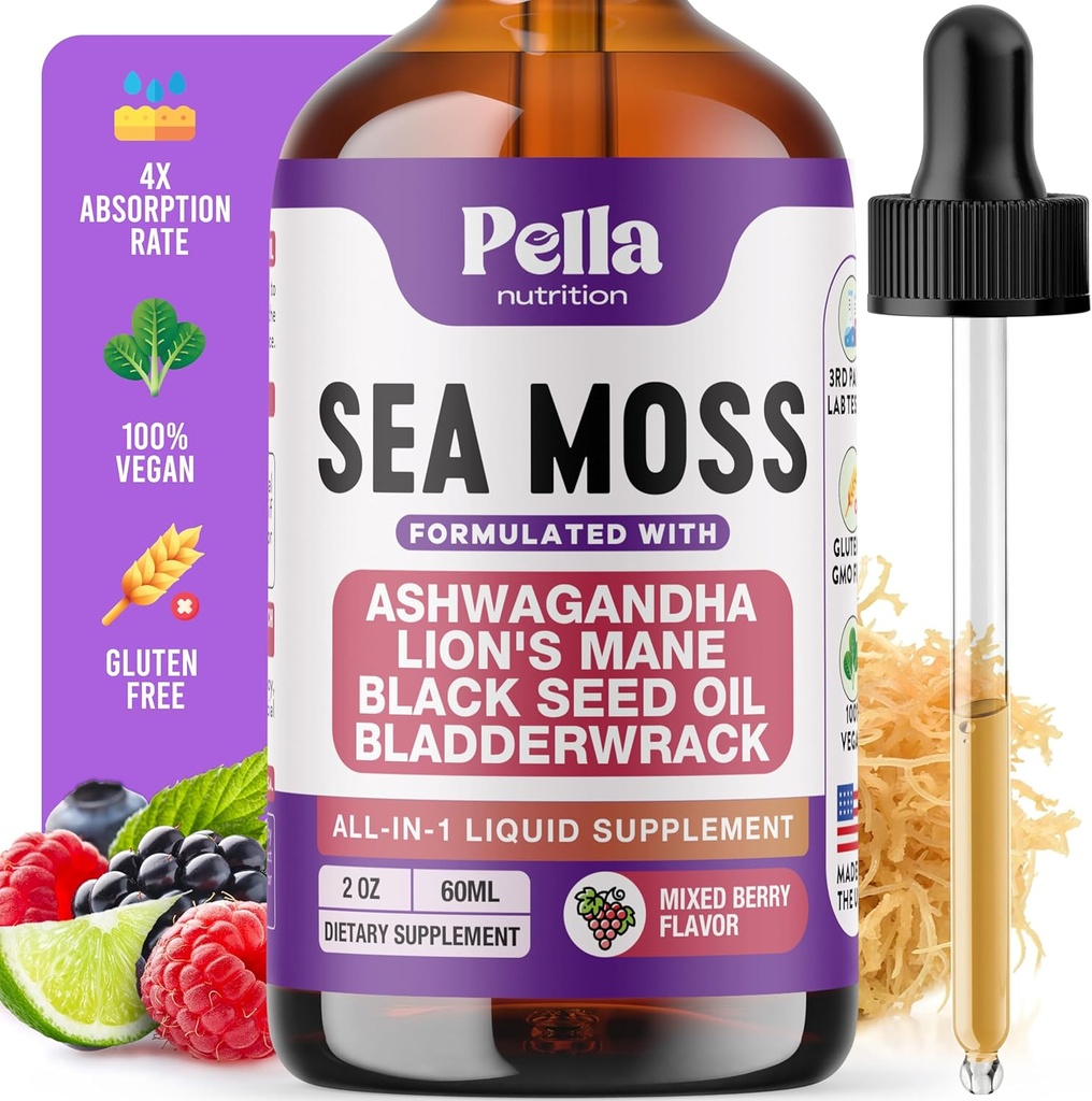 Sea Moss and Ashwagandha Liquid Supplement - Infused with Lion's Mane, Black Seed Oil, and Bladderwrack - Vegan, Easy-to-Mix Formula - Supports Antioxidant Activity & Immune Health (Mixed Berry, 60mL) 2