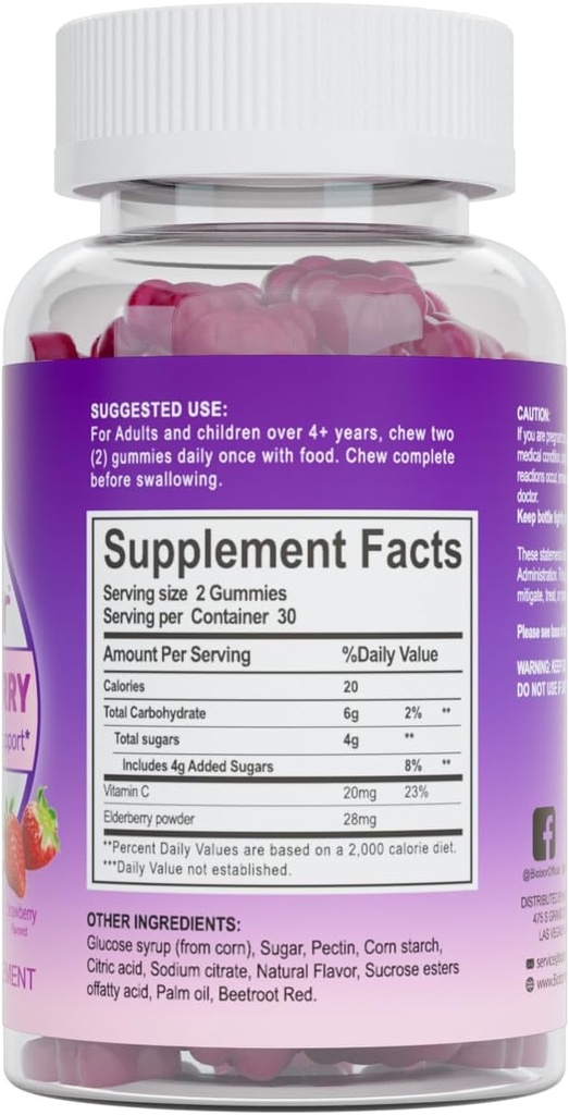 Natural Elderberry Gummies, Daily Immune Support Gummies with Vitamins C for Adults and Children Ages 4 Up, Gluten Free Vegan Elderberry Supplement (Strawberry, 60 Count) 3