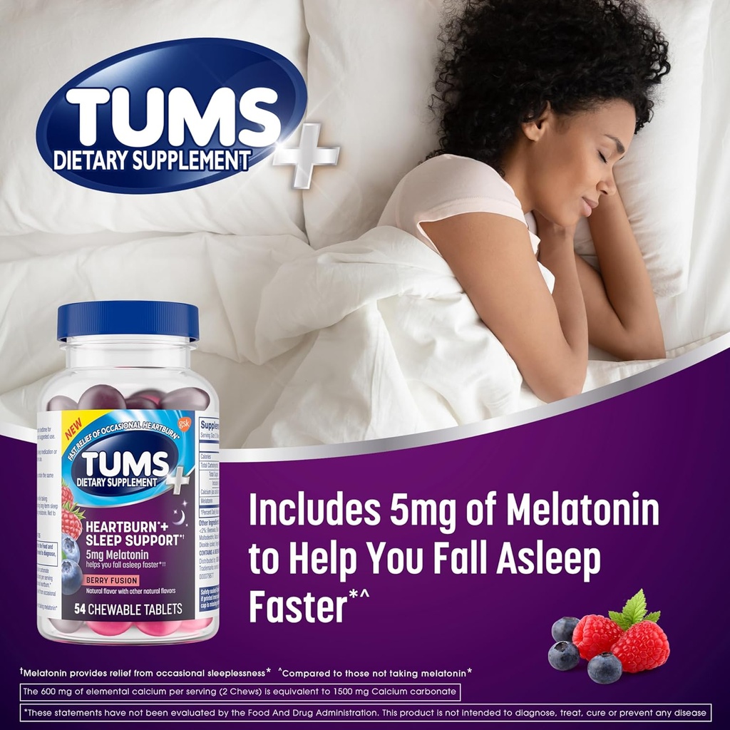 TUMS Heartburn Plus Sleep Support Chewable Dietary Supplement Tablets for Occasional Heartburn Relief Plus Sleep Support, Berry Fusion - 54 Count 5
