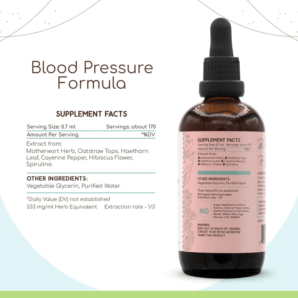 HerbEra Blood Pressure Formula B120 Alcohol-Free Extract Tincture: Hawthorn Leaf, Motherwort Herb, Cayenne Pepper, Hibiscus Flower, Spirulina. Blood Pressure Blend 2x4 Fl Oz 5