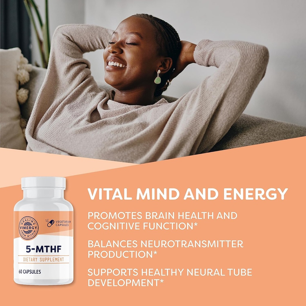 Vimergy 5-MTHF Capsules – 60 Servings (1 Capsule/Serving) 8500mcg L-Methylfolate Glucosamine and 500 mcg Vitamin B12 Supplement –Bioavailable Folate Supplement for Women and Men Vegan 5 mthf (60 ct) 3